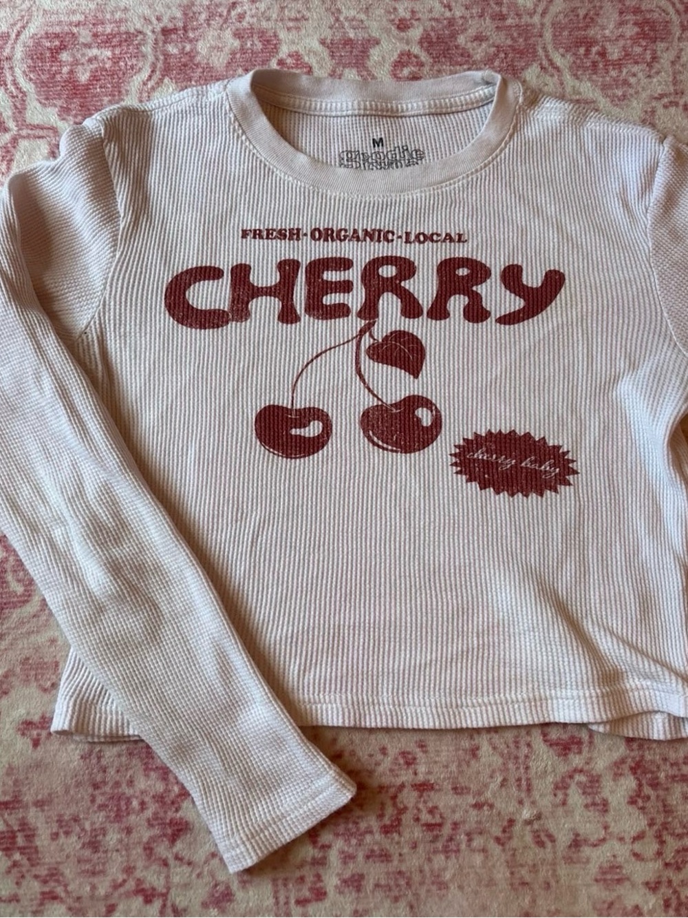 Cherry Graphic Long Sleeve Tee in Cream with Red Print